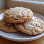 Three soft maple brown sugar cookies stacked on a white plate, drizzled with a light glaze and gold sprinkles.