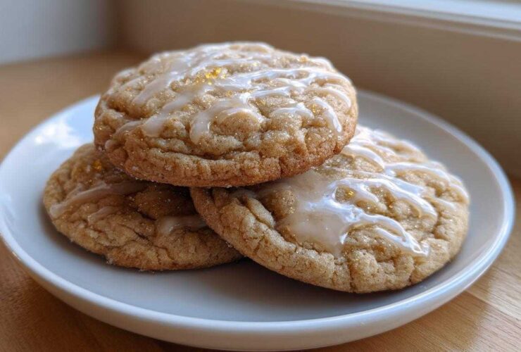Three soft maple brown sugar cookies stacked on a white plate, drizzled with a light glaze and gold sprinkles.