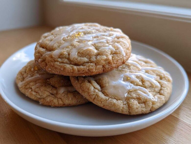 Three soft maple brown sugar cookies stacked on a white plate, drizzled with a light glaze and gold sprinkles.