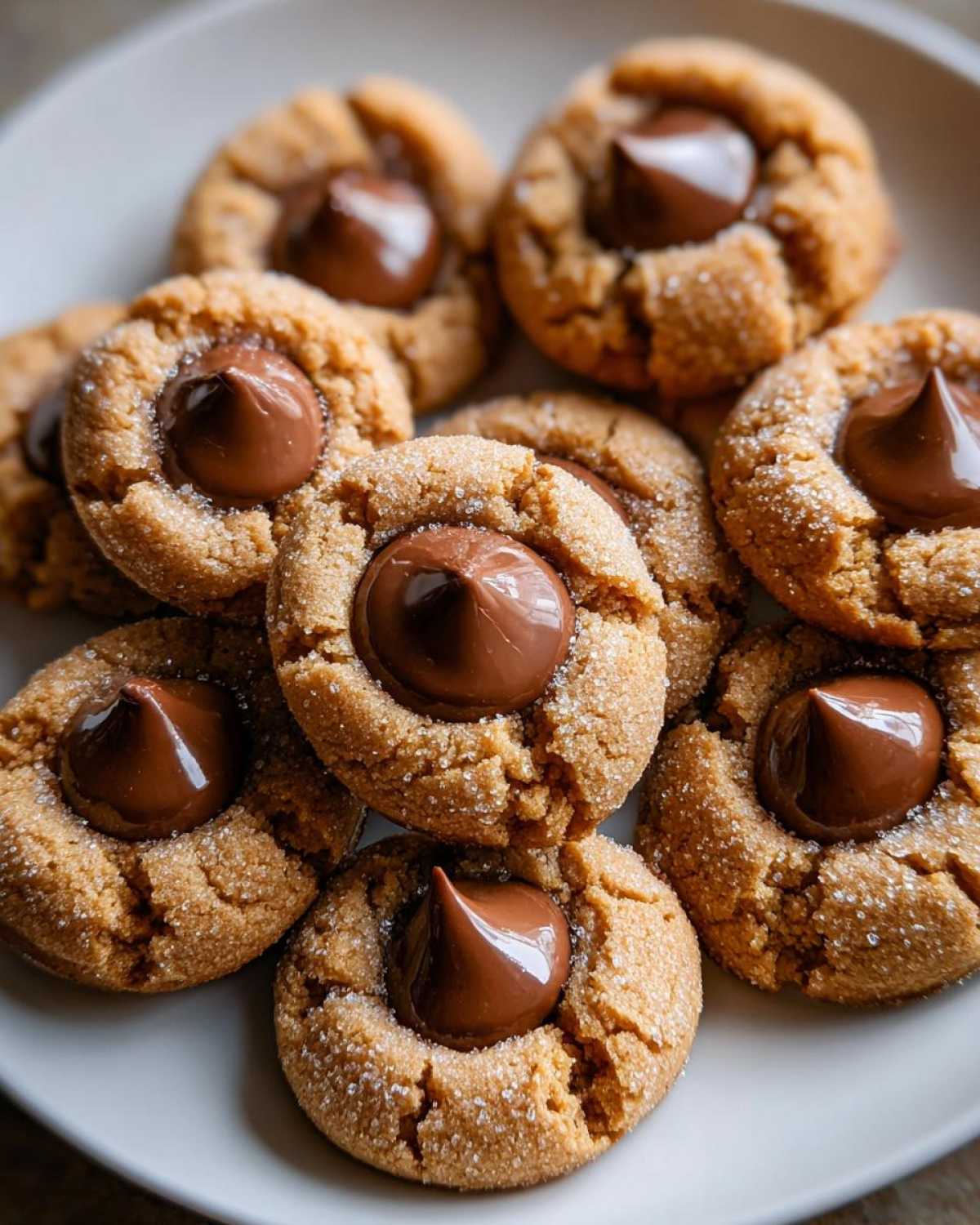A close-up shot of several soft peanut butter blossoms cookies piled on a white plate, each topped with a melted chocolate kiss.