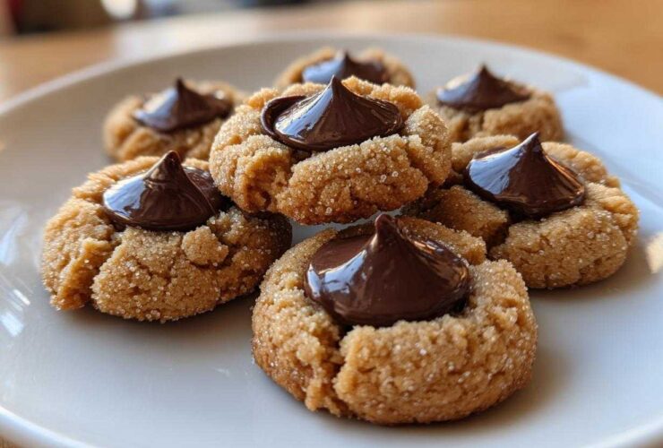 Close-up of several soft peanut butter blossoms cookies rolled in sugar, topped with a chocolate kiss.