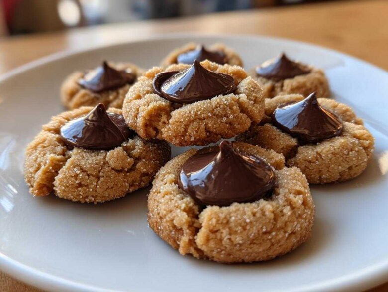 Close-up of several soft peanut butter blossoms cookies rolled in sugar, topped with a chocolate kiss.
