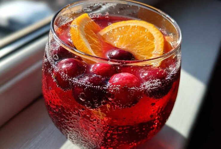 Close-up of a fizzy, red Thanksgiving punch garnished with fresh cranberries and an orange slice.
