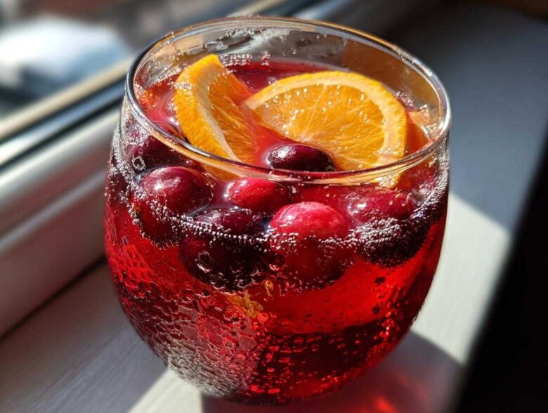 Close-up of a fizzy, red Thanksgiving punch garnished with fresh cranberries and an orange slice.