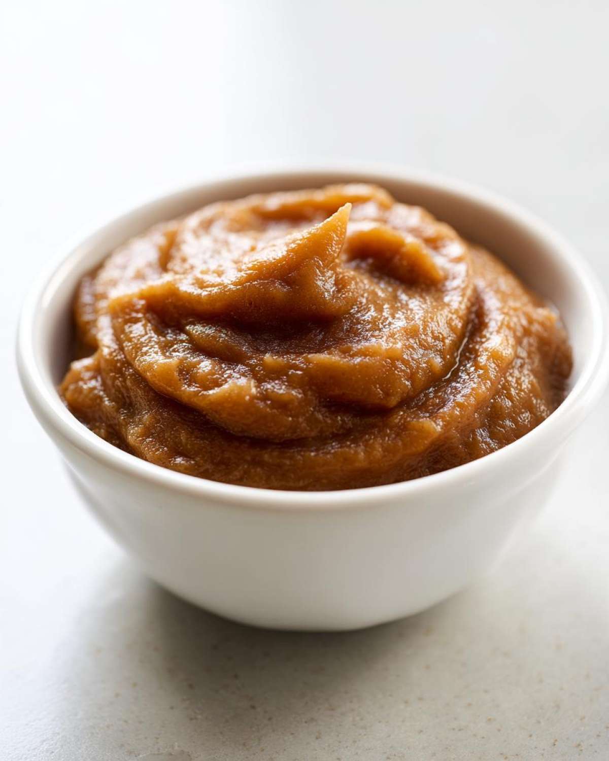 Close-up of thick, rich, spiced pear butter served in a small white bowl.