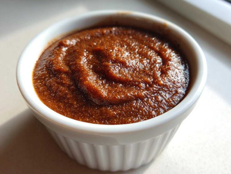 Close-up of thick, dark brown spiced pear butter swirled in a small white ramekin.