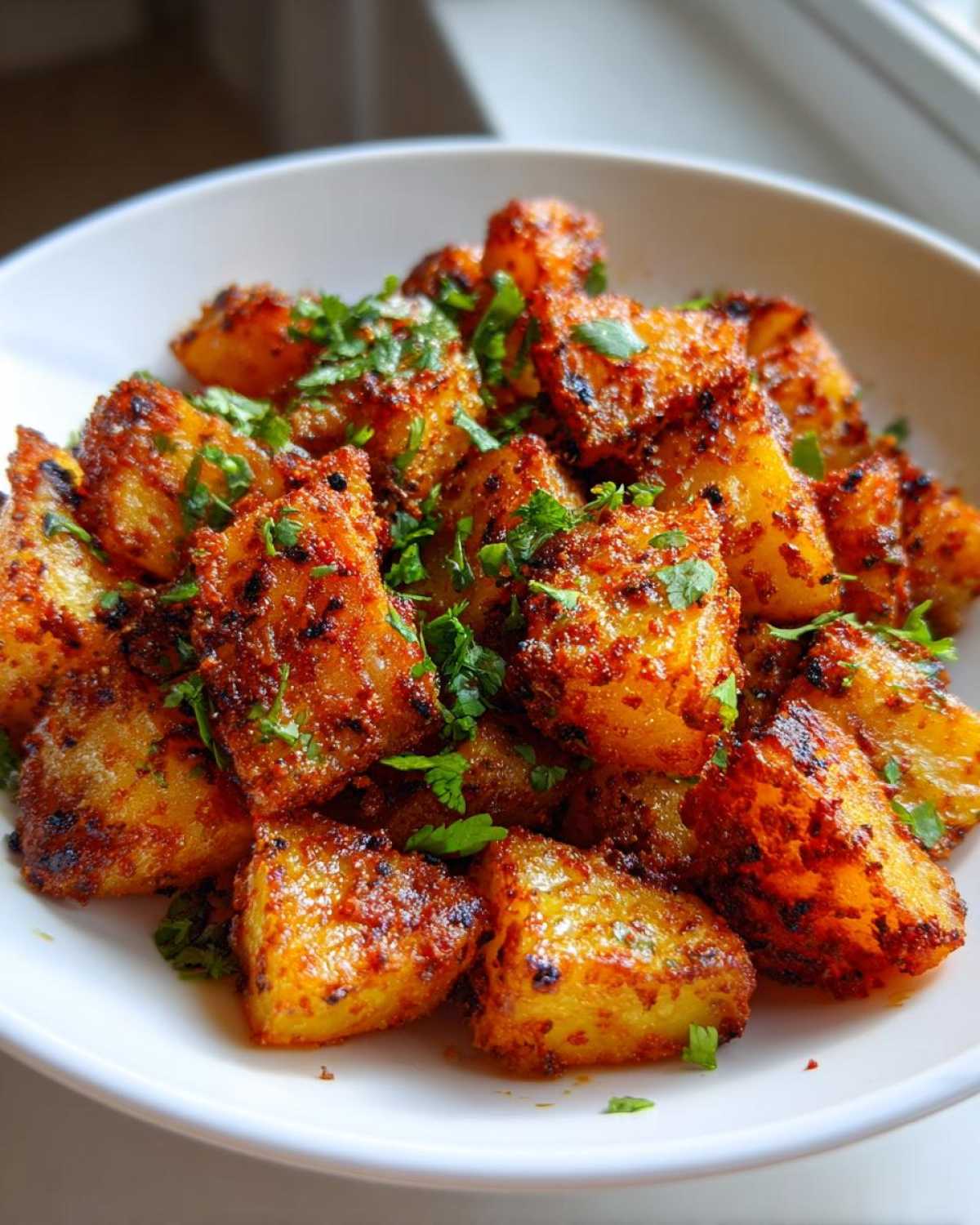 Close-up of perfectly roasted Mexican potatoes coated in red seasoning and topped with fresh cilantro.
