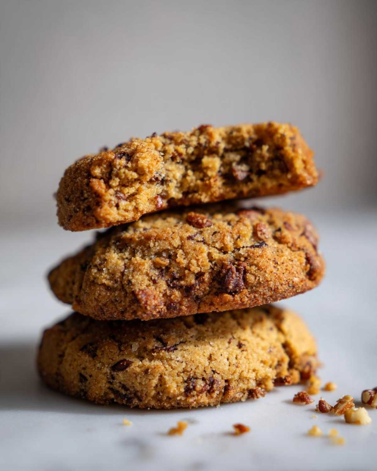 A stack of three chewy butter pecan cookies, with the top one broken to show the interior texture.