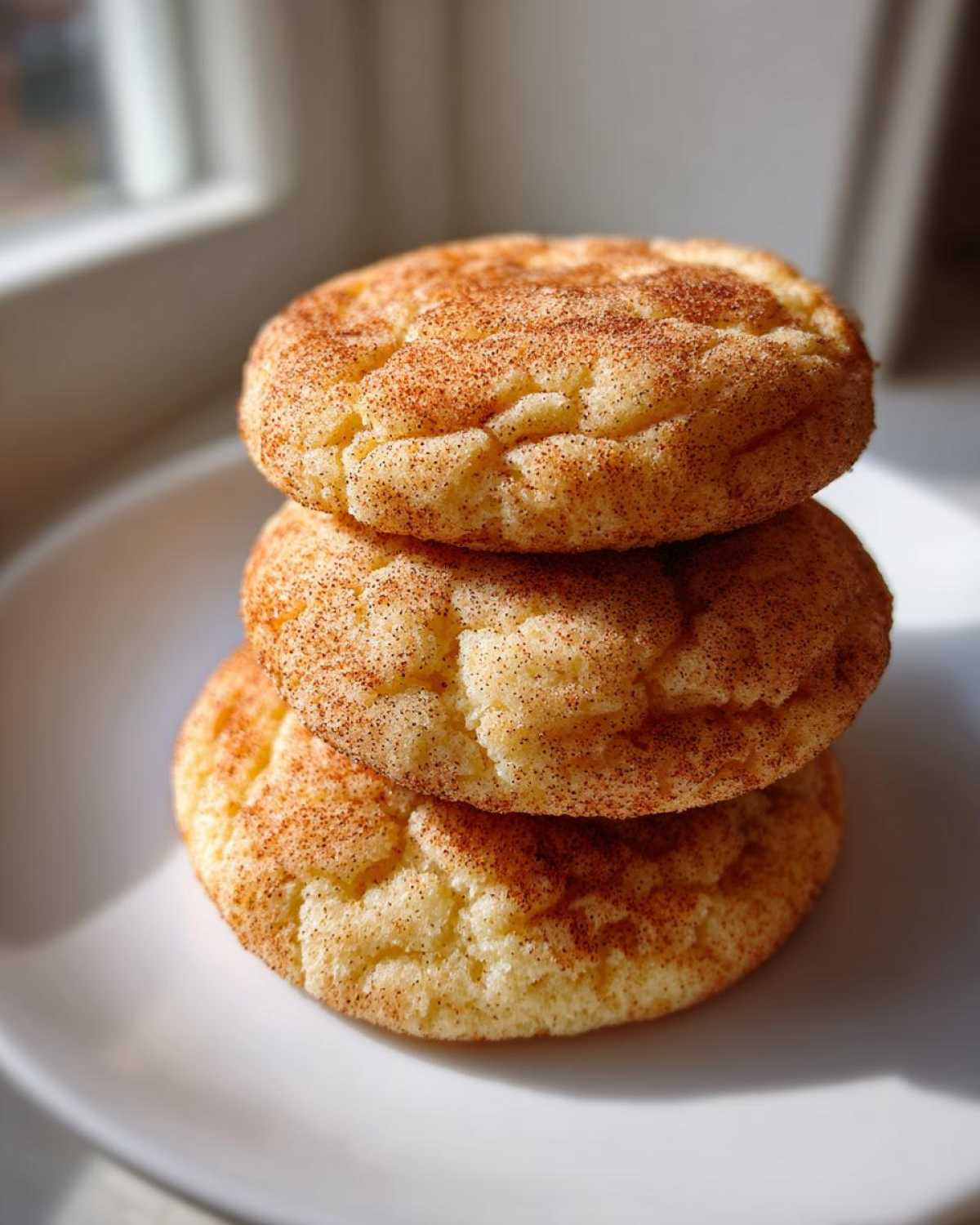 A vertical stack of three soft, chewy snickerdoodle cookies dusted heavily with cinnamon sugar.