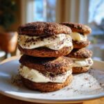A stack of three delicious tiramisu cookies filled with thick cream and dusted with cocoa powder.