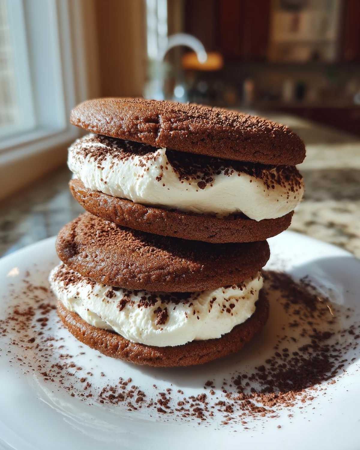 Two stacked chocolate tiramisu cookies filled with thick white cream and dusted generously with cocoa powder.