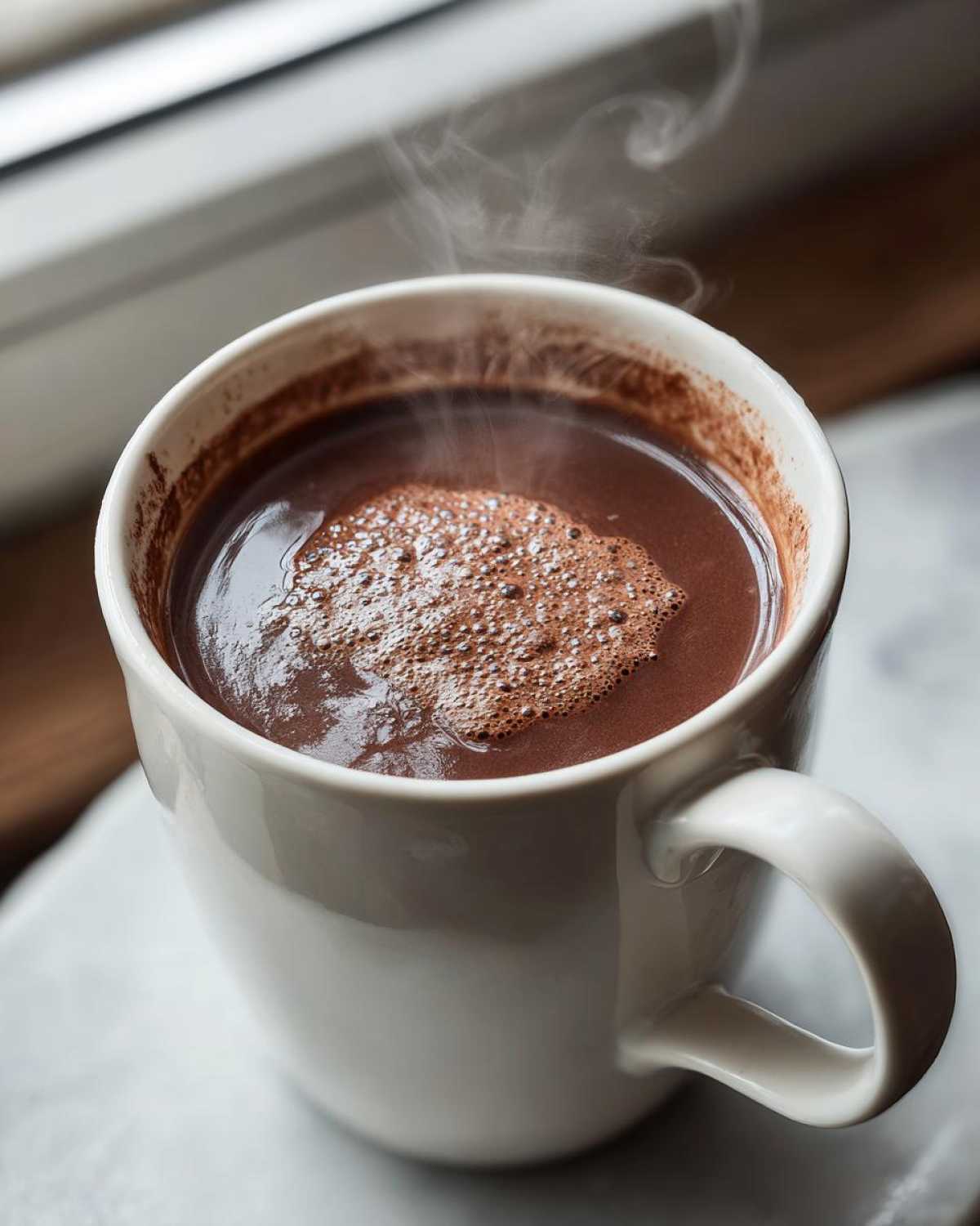 Close-up of a steaming white mug filled with rich, dark French hot chocolate topped with foam.