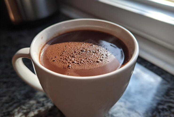 Close-up of a white mug filled with rich, dark french hot chocolate topped with small bubbles.