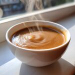 Close-up of a white bowl filled with rich, steaming homemade brown gravy, showing a swirl pattern.