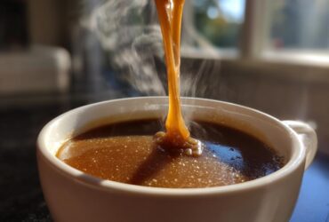 Close-up of thick, steaming homemade brown gravy being poured into a white bowl.