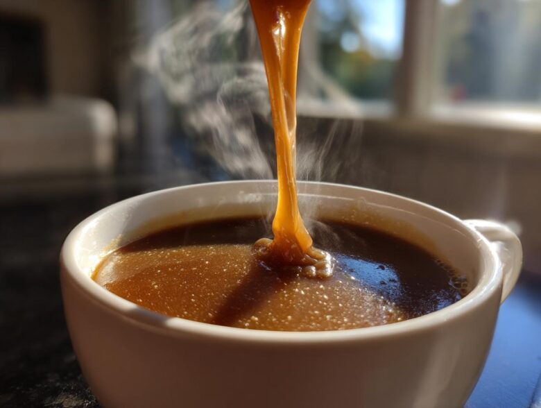 Close-up of thick, steaming homemade brown gravy being poured into a white bowl.