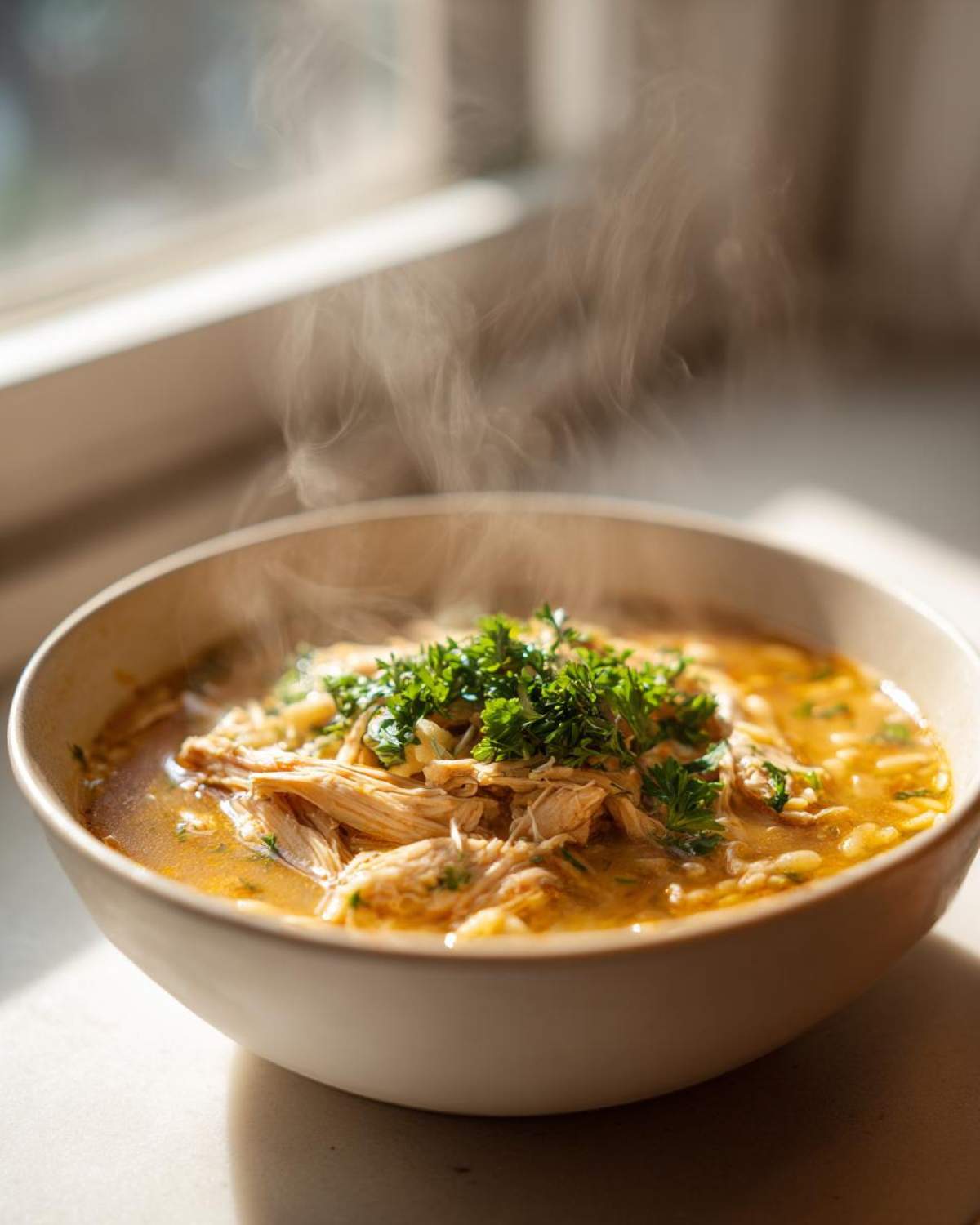 A steaming bowl of Italian penicillin soup featuring shredded chicken and topped with fresh parsley.