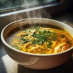 A steaming white bowl filled with rich, golden italian penicillin soup, topped generously with fresh chopped parsley.