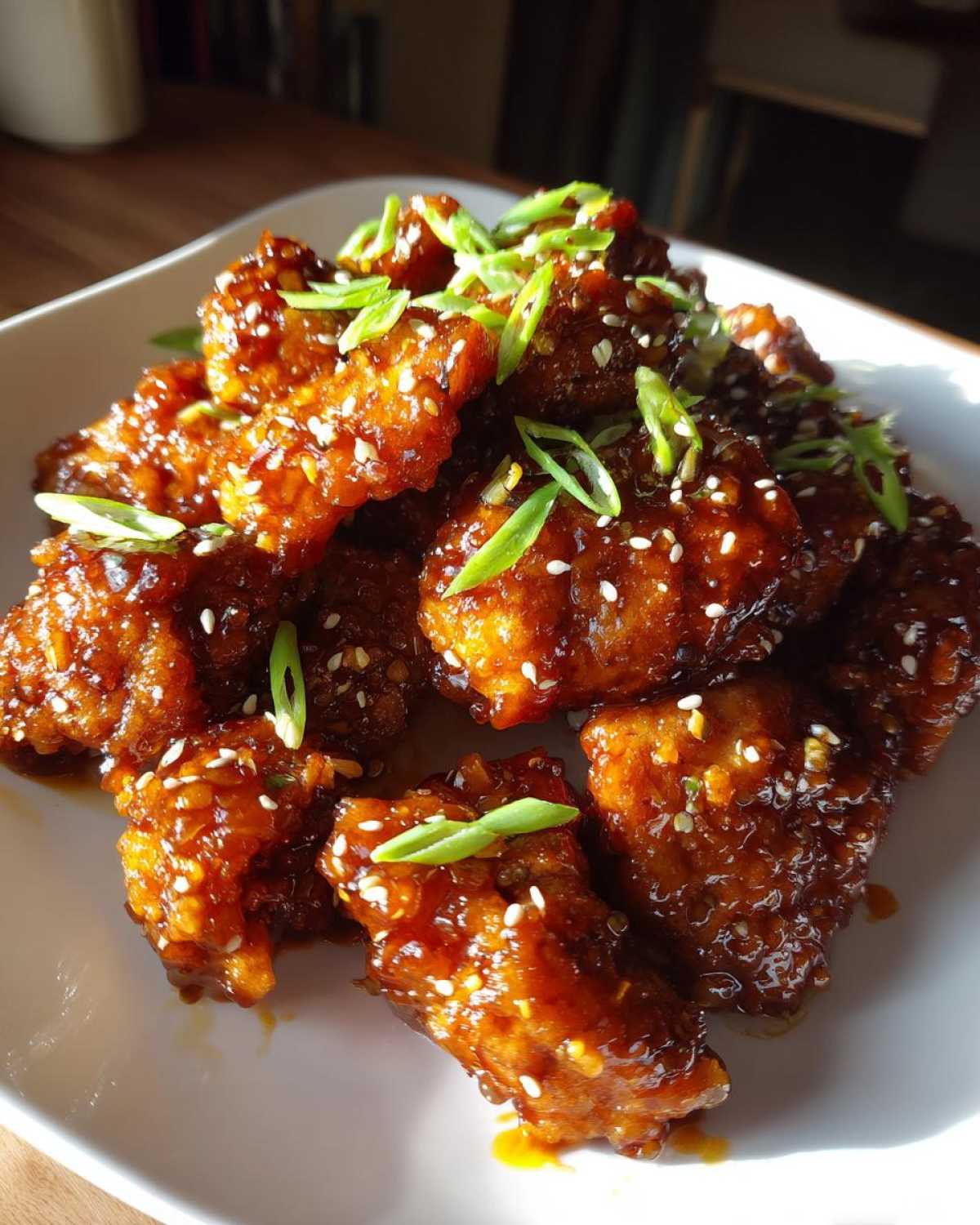 Close-up of crispy chicken pieces coated in a sticky, glossy honey garlic glaze, sprinkled with sesame seeds and green onions.