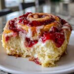 Close-up of a soft, fluffy Strawberry Cheesecake Sweet Rolls topped with bright red strawberry filling and white cream cheese glaze.