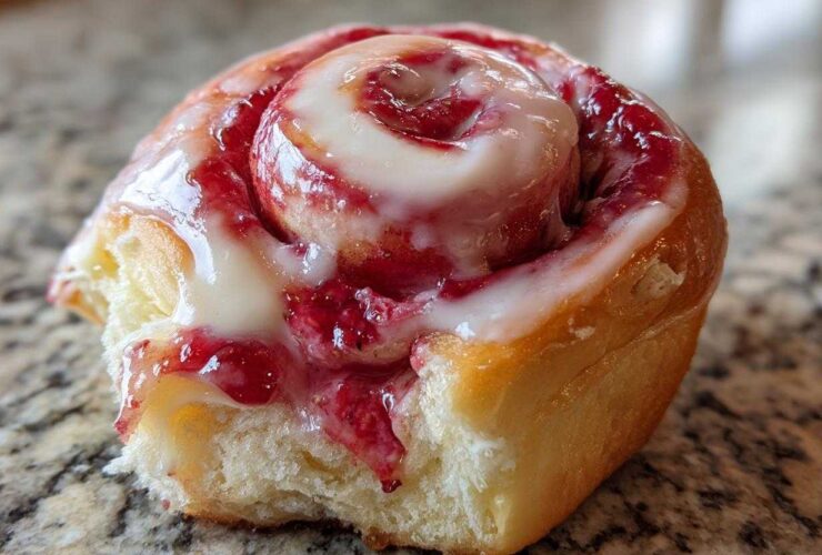A close-up of a single, soft Strawberry Cheesecake Sweet Rolls, drizzled with white icing and filled with bright red strawberry mixture.