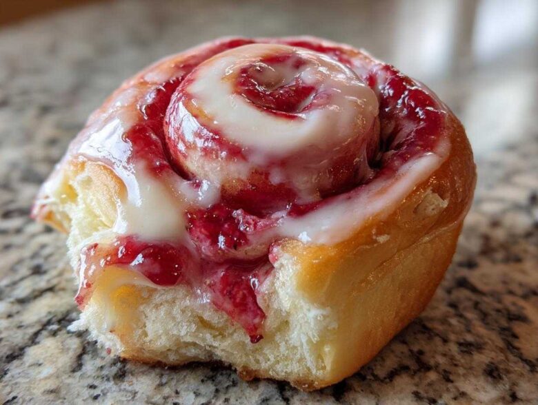 A close-up of a single, soft Strawberry Cheesecake Sweet Rolls, drizzled with white icing and filled with bright red strawberry mixture.