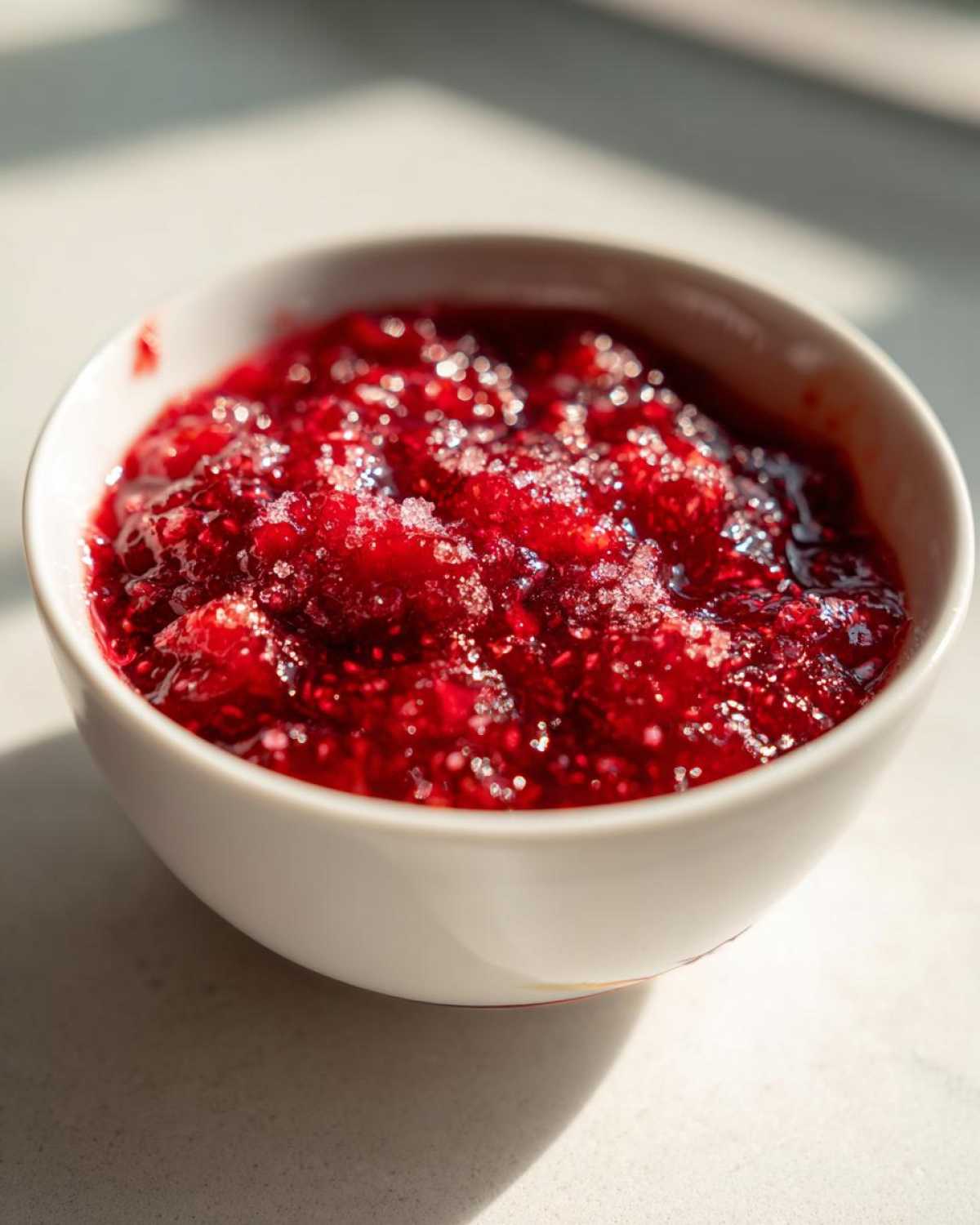 Close-up of vibrant red strawberry freezer jam with visible sugar crystals in a small white bowl.