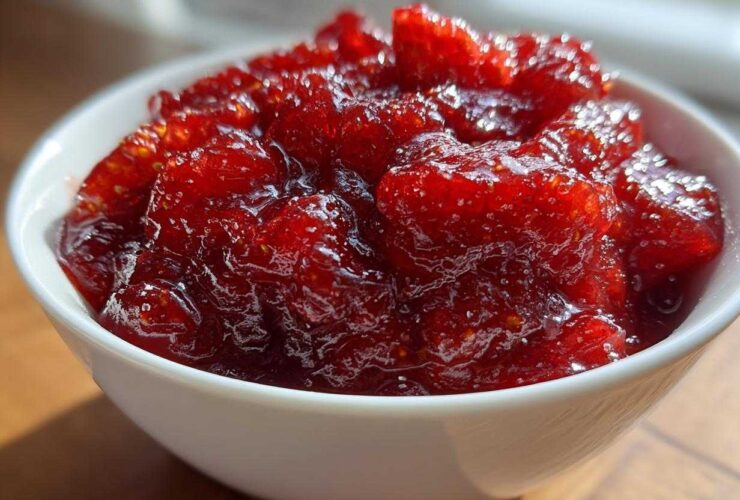 Close-up of vibrant, chunky strawberry freezer jam filling a small white bowl, glistening in the light.