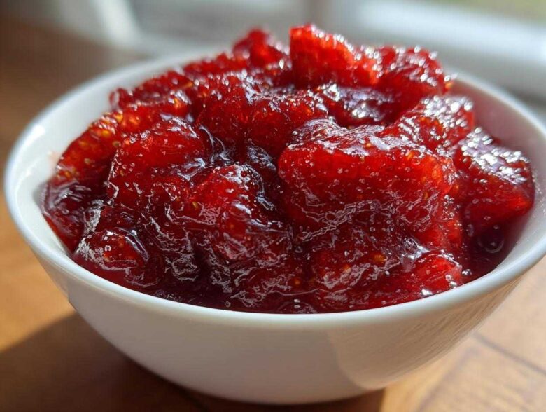 Close-up of vibrant, chunky strawberry freezer jam filling a small white bowl, glistening in the light.
