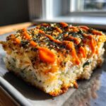 Close-up of a square slice of baked sushi bake topped with spicy mayo, nori, and sesame seeds.