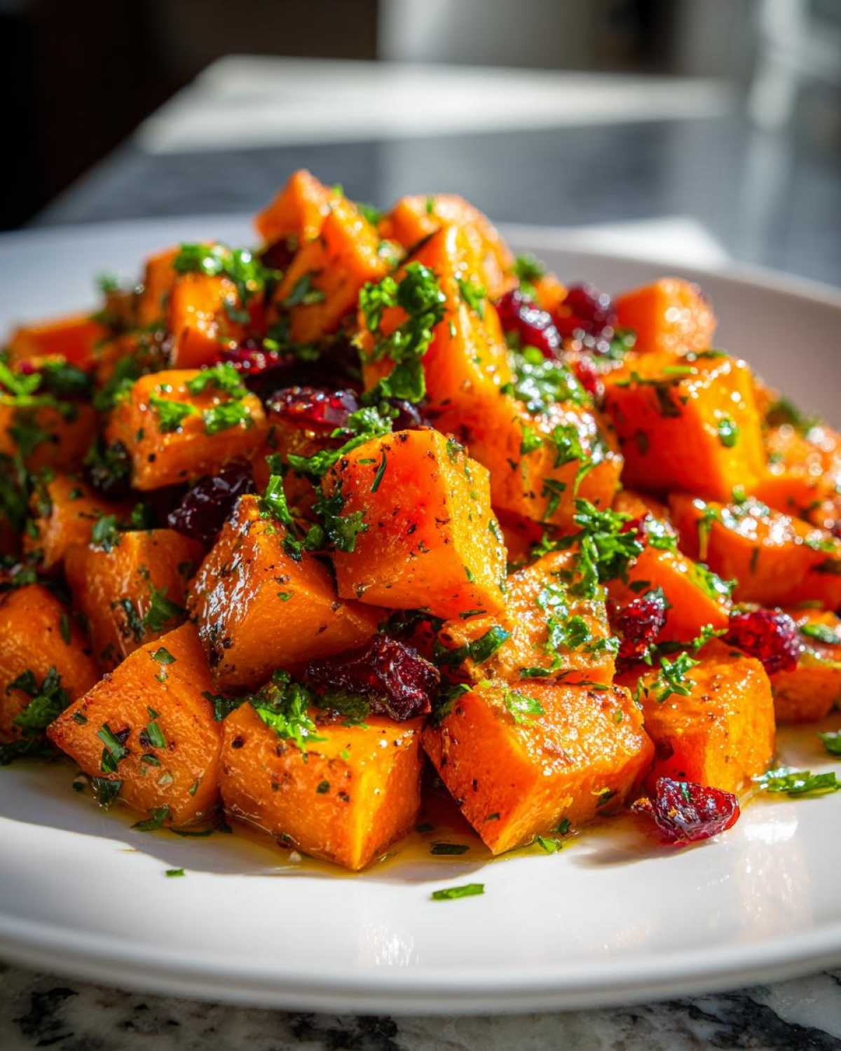 Close-up of bright orange cubed sweet potato salad mixed with dried cranberries and fresh parsley.