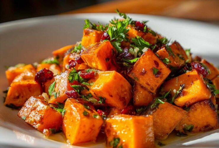 Close-up of roasted orange cubes in a vibrant sweet potato salad, garnished with dried cranberries and fresh parsley.