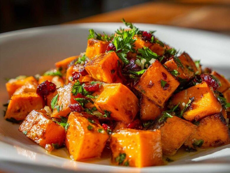 Close-up of roasted orange cubes in a vibrant sweet potato salad, garnished with dried cranberries and fresh parsley.