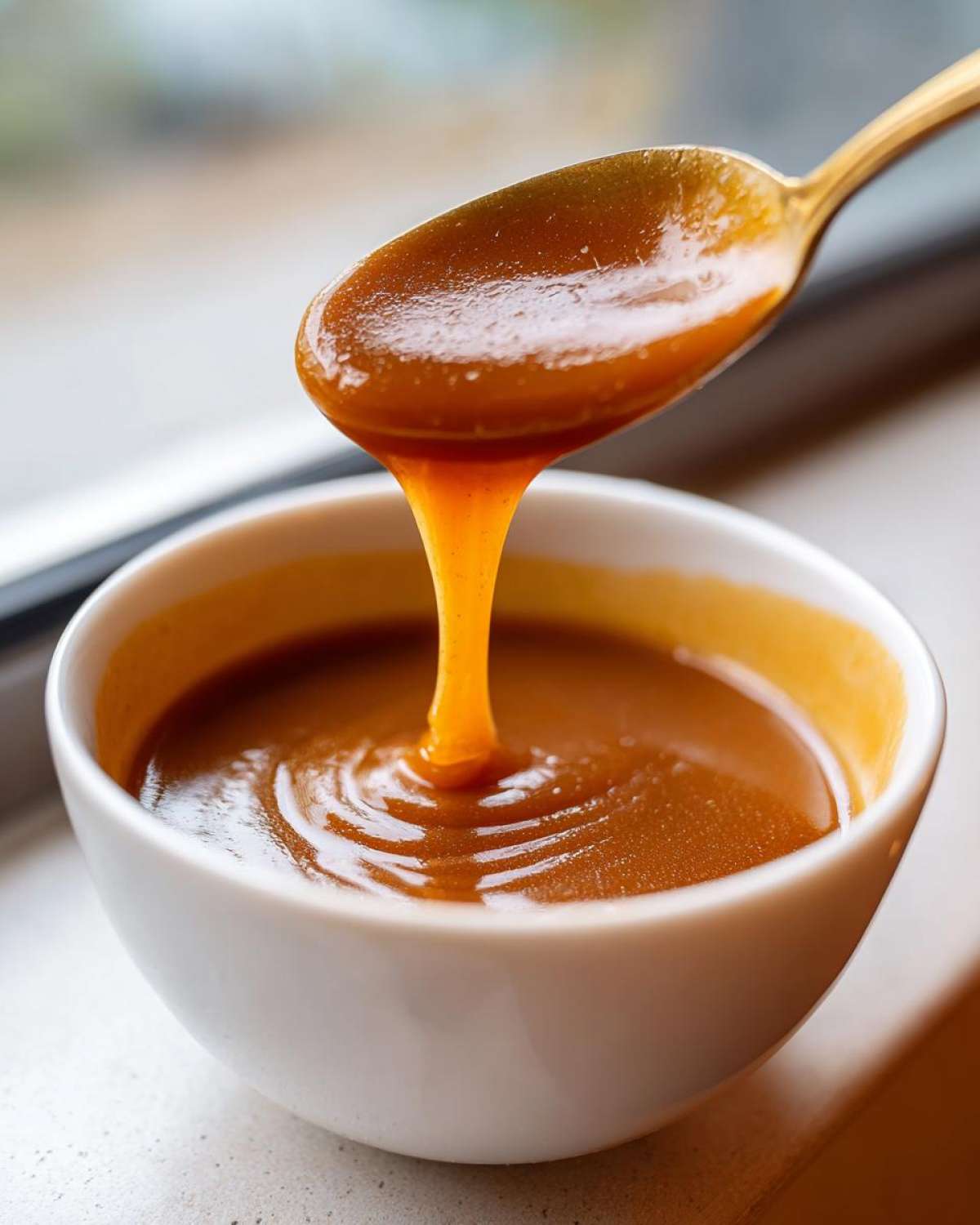 Close-up of thick homemade brown gravy dripping from a gold spoon into a white bowl.