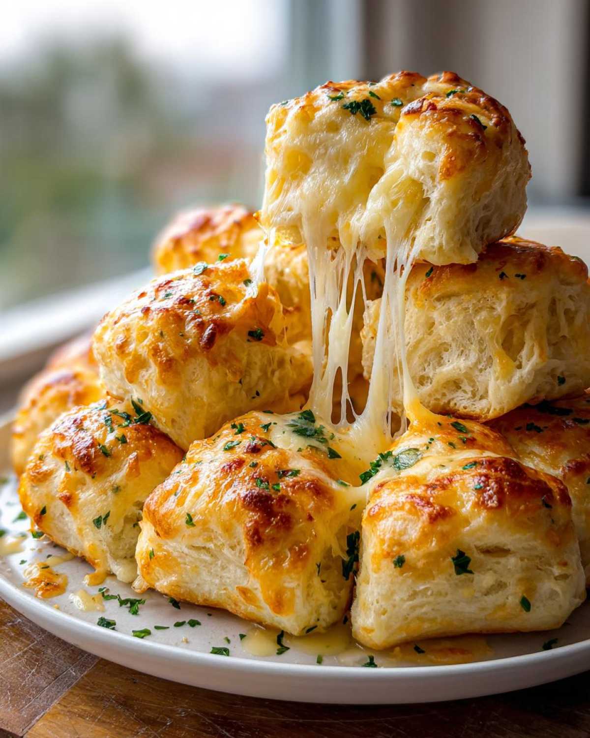 A stack of golden brown, fluffy cheese bread biscuits with melted, stringy cheese pulling apart.