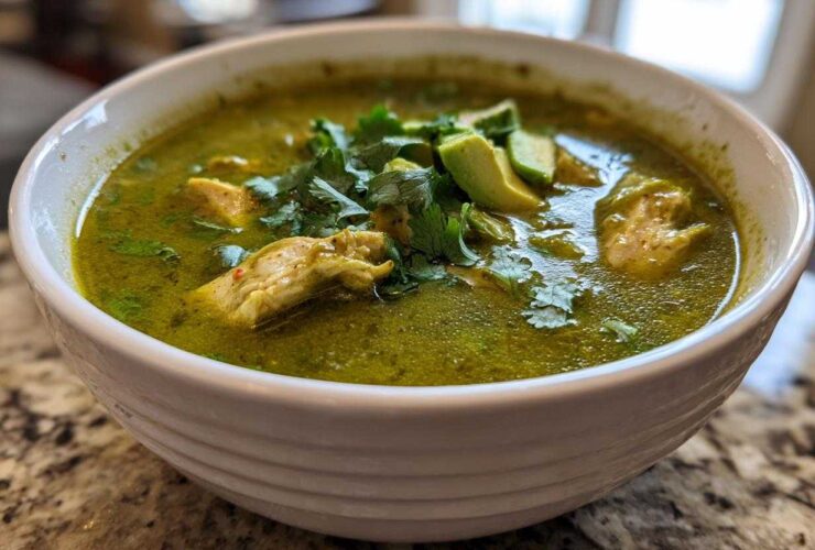 Close-up of a white bowl filled with bright green chicken poblano soup, topped with avocado and cilantro.