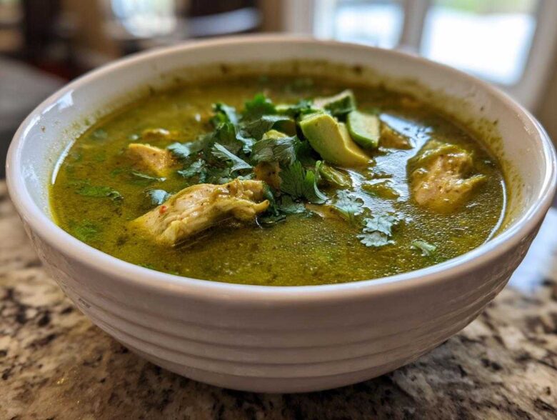 Close-up of a white bowl filled with bright green chicken poblano soup, topped with avocado and cilantro.