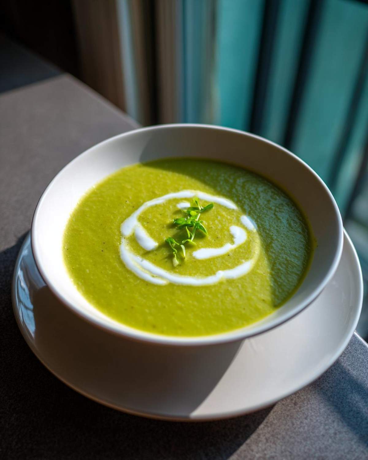 A bowl of bright green zucchini soup garnished with a swirl of cream and fresh herbs.