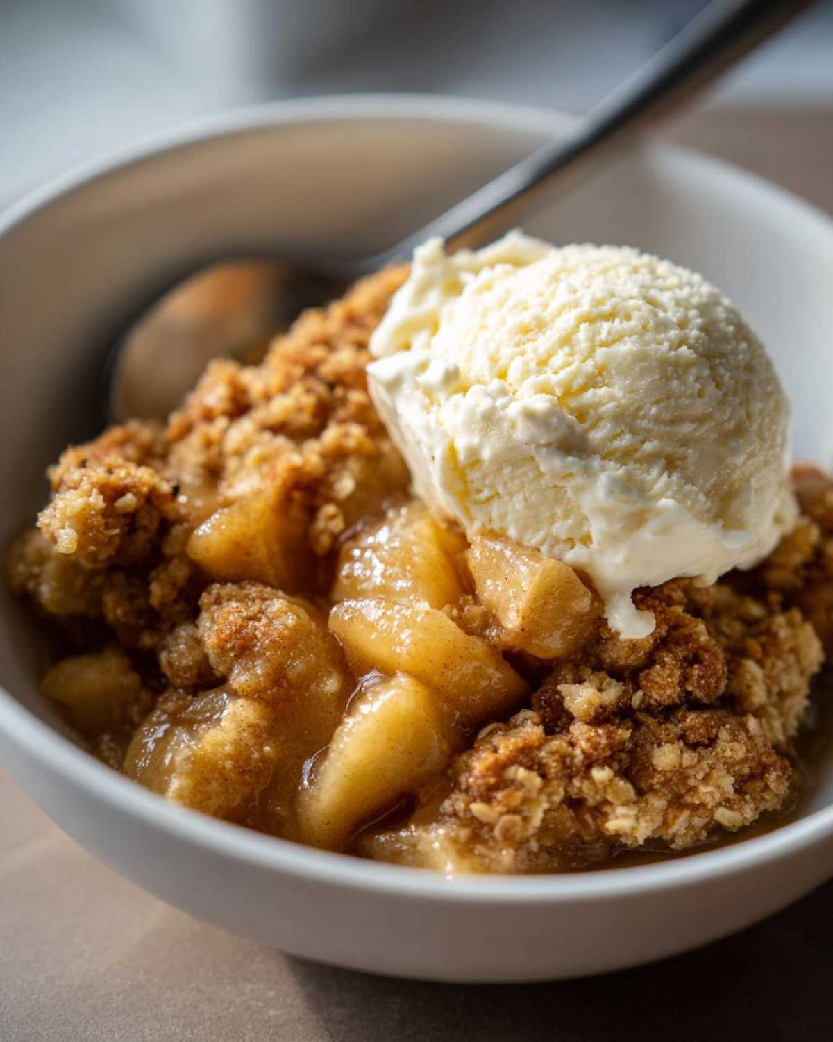 Close-up of warm apple crisp topped with a melting scoop of vanilla ice cream in a white bowl.