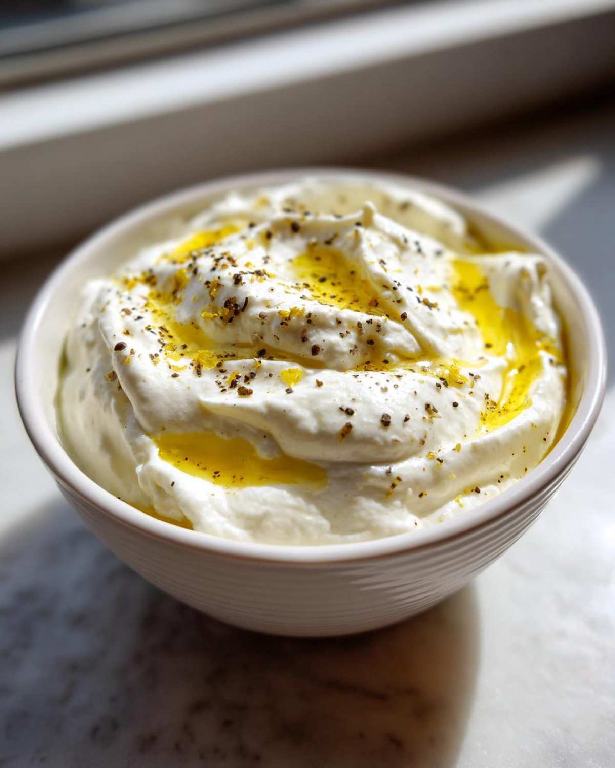 A close-up of creamy whipped feta dip in a white bowl, drizzled with olive oil and sprinkled with black pepper.