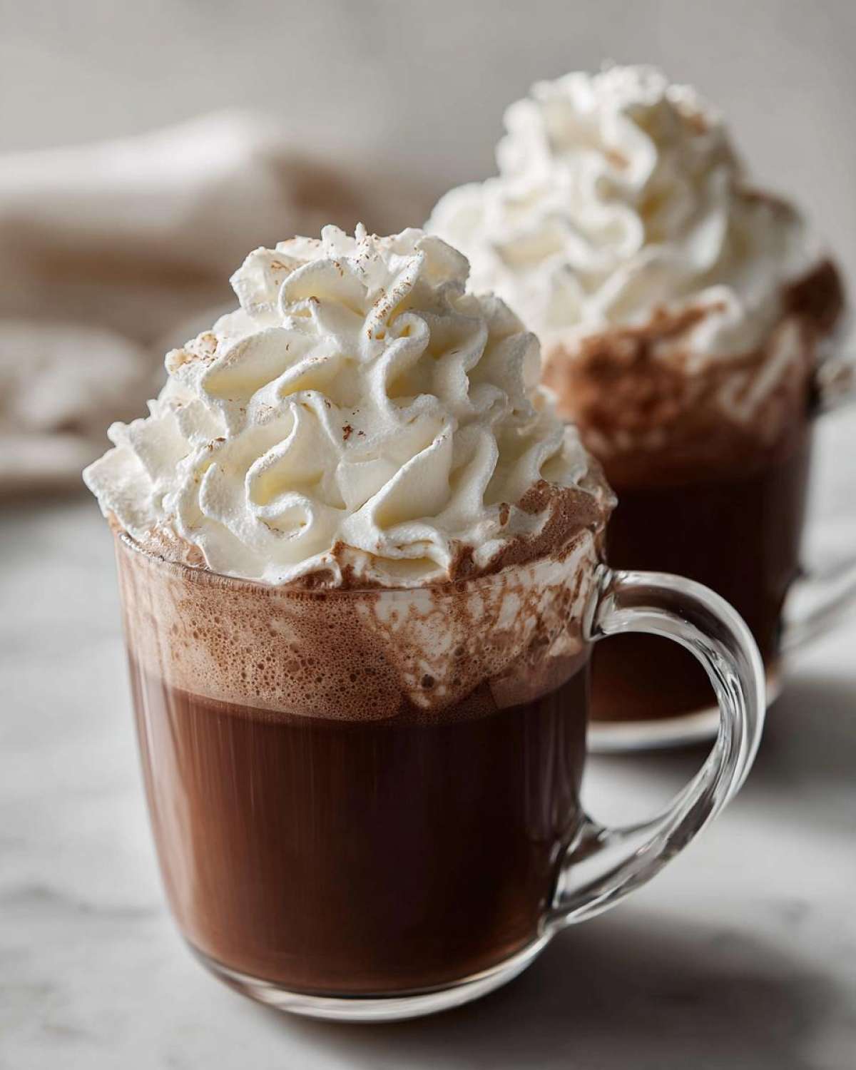 Two mugs of rich, dark whipped hot chocolate topped high with swirls of fresh whipped cream and a dusting of cocoa.