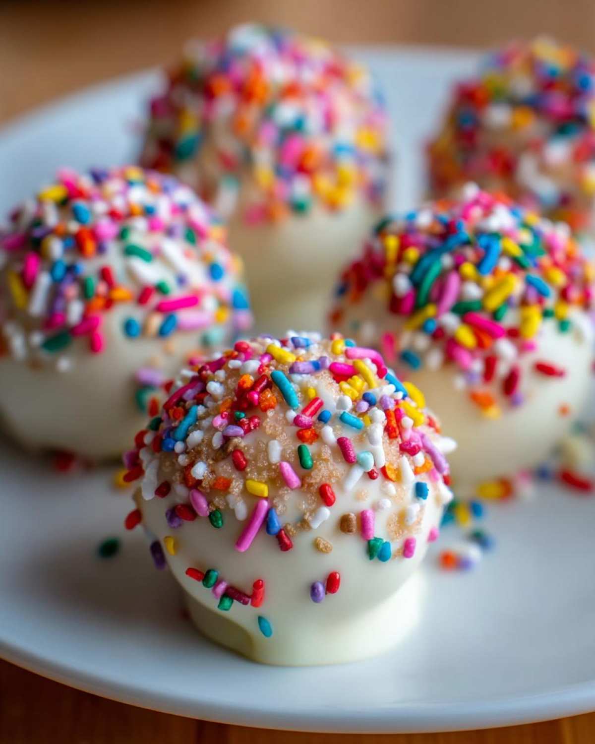 Close-up of white chocolate coated sugar cookie truffles generously topped with colorful rainbow sprinkles.