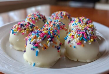 Close-up of several white chocolate sugar cookie truffles topped with colorful rainbow sprinkles on a white plate.