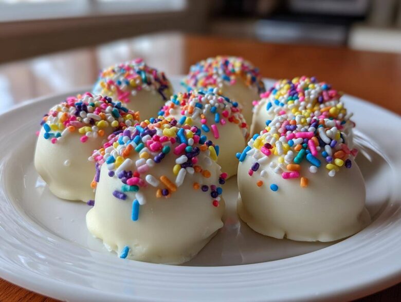 Close-up of several white chocolate sugar cookie truffles topped with colorful rainbow sprinkles on a white plate.