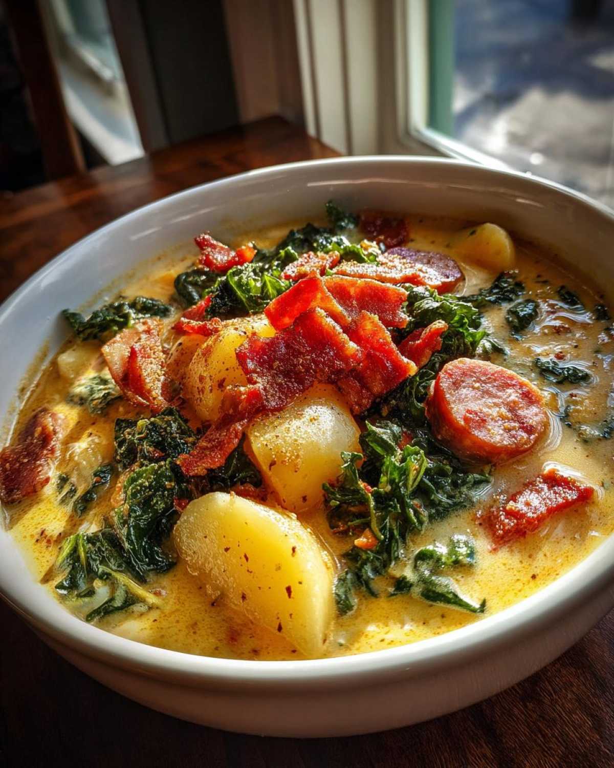 Close-up of a creamy bowl of Zuppa Toscana soup, featuring chunks of potato, kale, sausage, and crispy bacon topping.