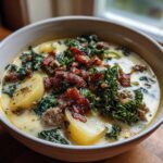 Close-up of a creamy bowl of Zuppa Toscana soup topped with crispy bacon, kale, and potato slices.