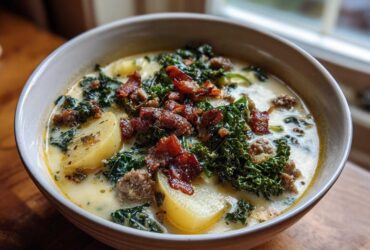 Close-up of a creamy bowl of Zuppa Toscana soup topped with crispy bacon, kale, and potato slices.
