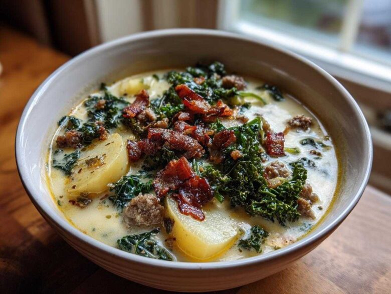 Close-up of a creamy bowl of Zuppa Toscana soup topped with crispy bacon, kale, and potato slices.