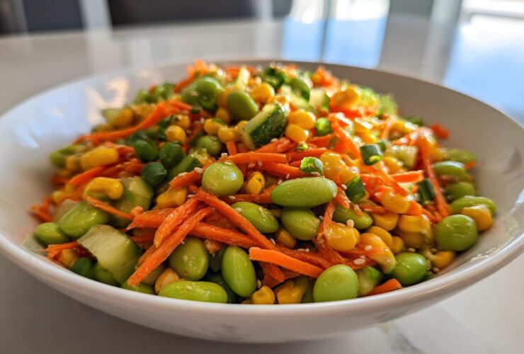 Close-up of a bright edamame salad featuring shelled edamame, shredded carrots, corn, and cucumber.