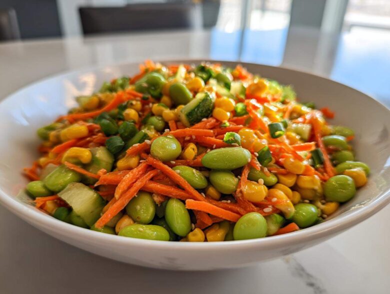 Close-up of a bright edamame salad featuring shelled edamame, shredded carrots, corn, and cucumber.